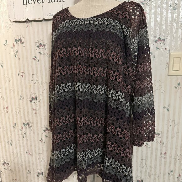 Kim Rogers Women's Striped 3/4 Sleeve Blouse Pleated Neckline Puple Gray Size 3X - Picture 2 of 3